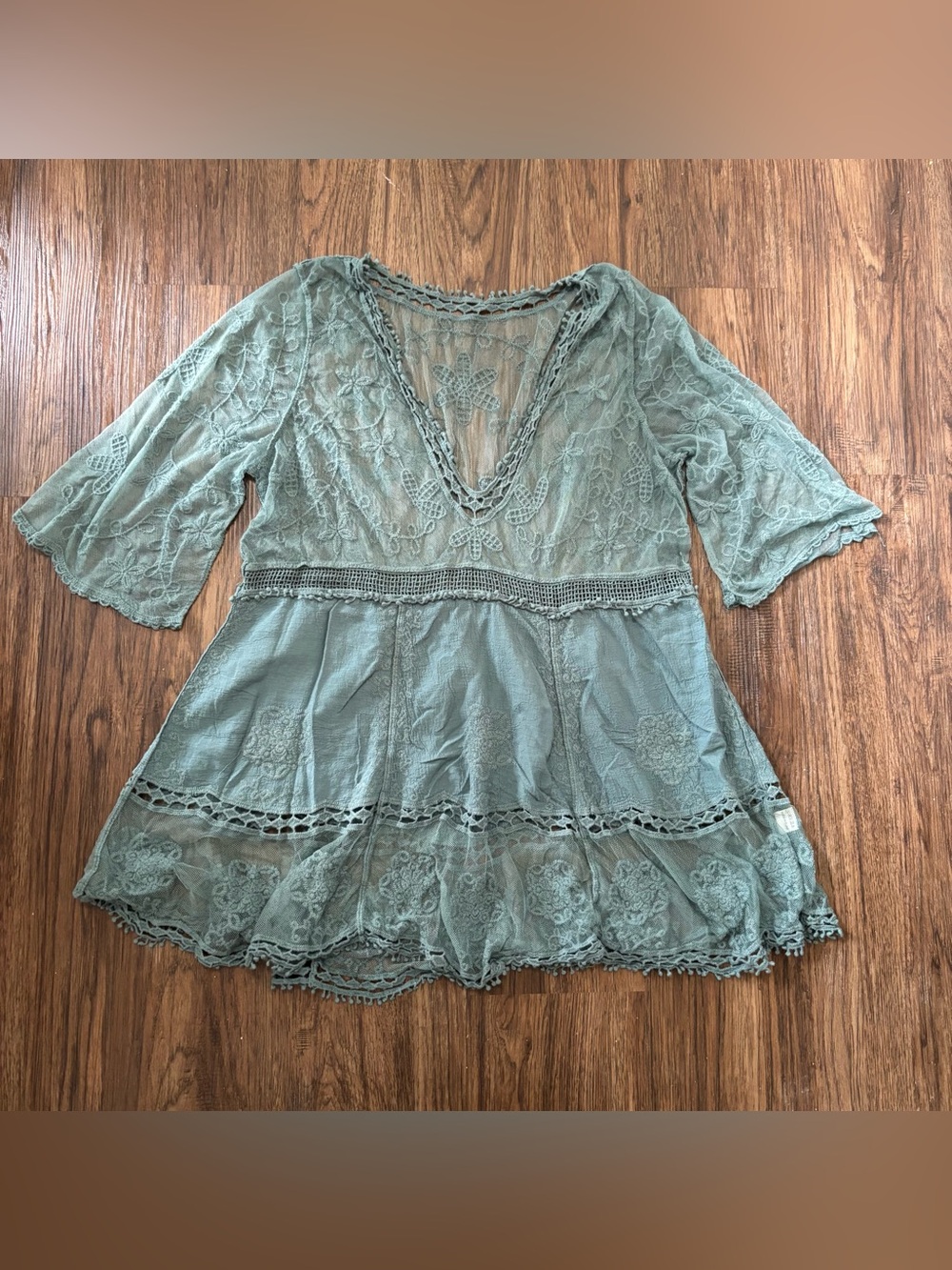 Teal Boho Floral Embroidered Lace Mesh Beach Cover-Up Dress Size L
